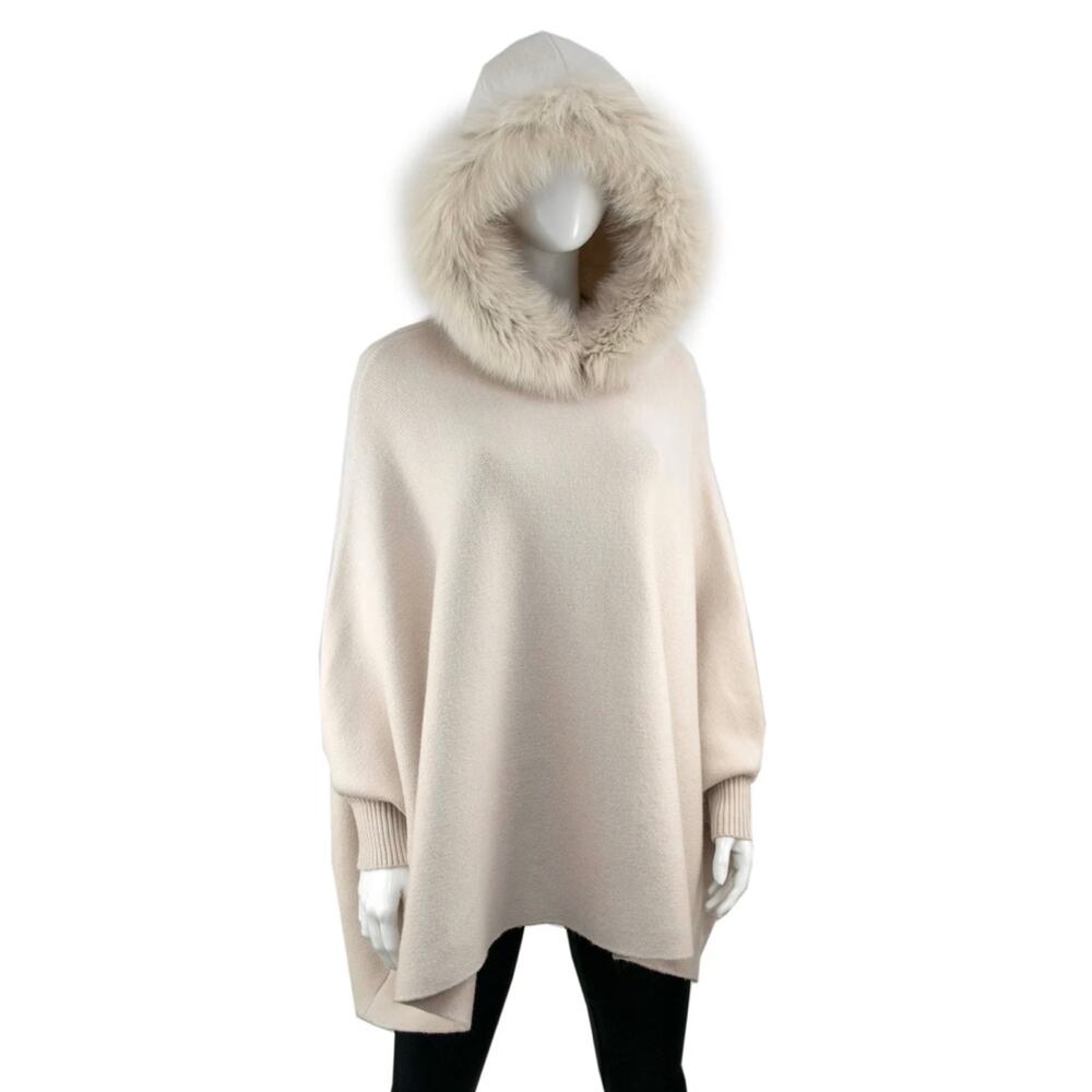 Mitchies Knit Sweater Poncho Fox Fur Hood One Size Pearl Cream $275